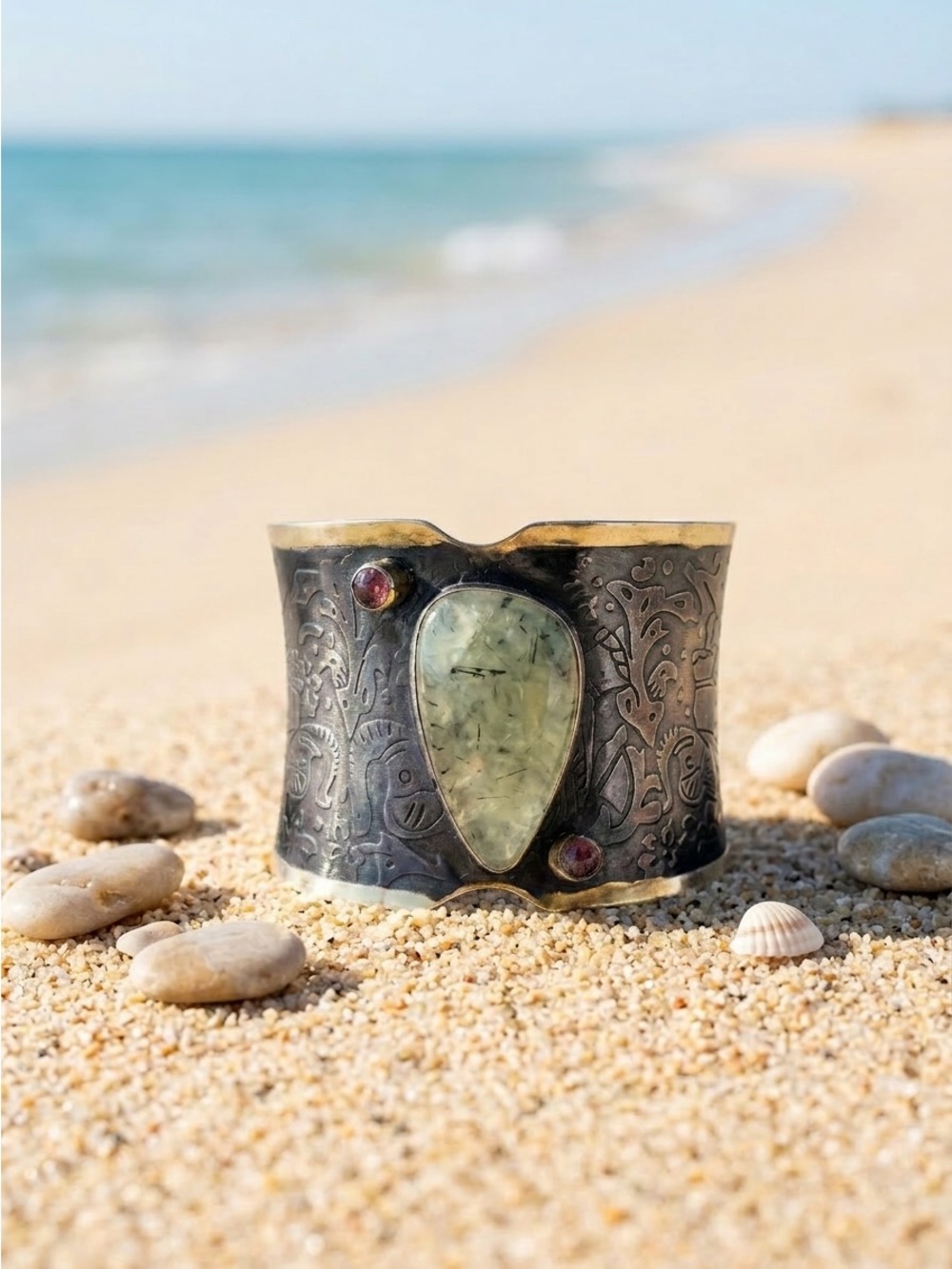 Boho Silver Cuff Bracelet with Apple Green Prehnite Stone